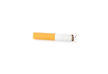 Photo of One cigarette butt isolated on white, top view. Smoking habit