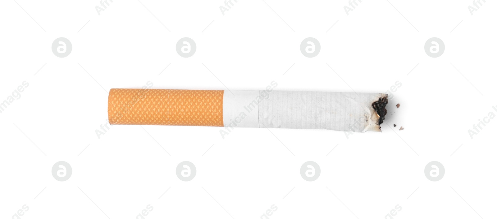 Photo of One cigarette butt isolated on white, top view. Smoking habit