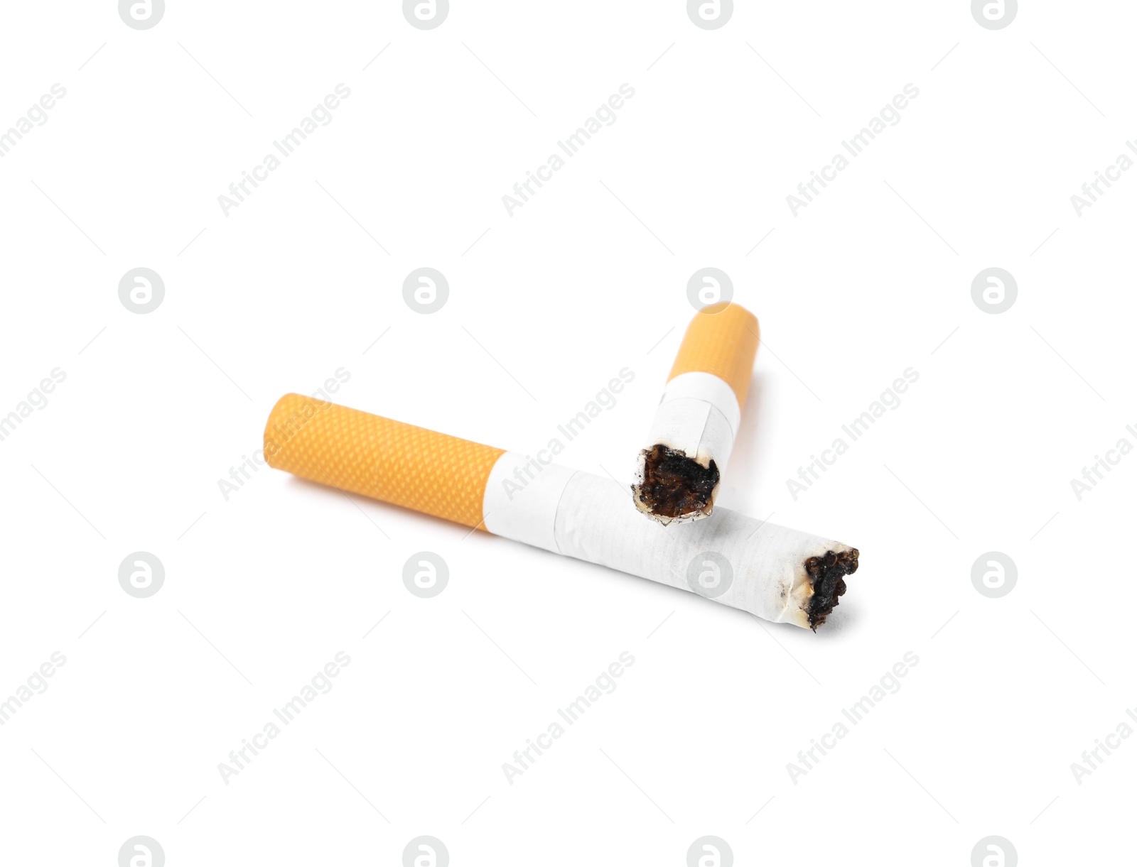 Photo of Two cigarette butts isolated on white. Smoking habit