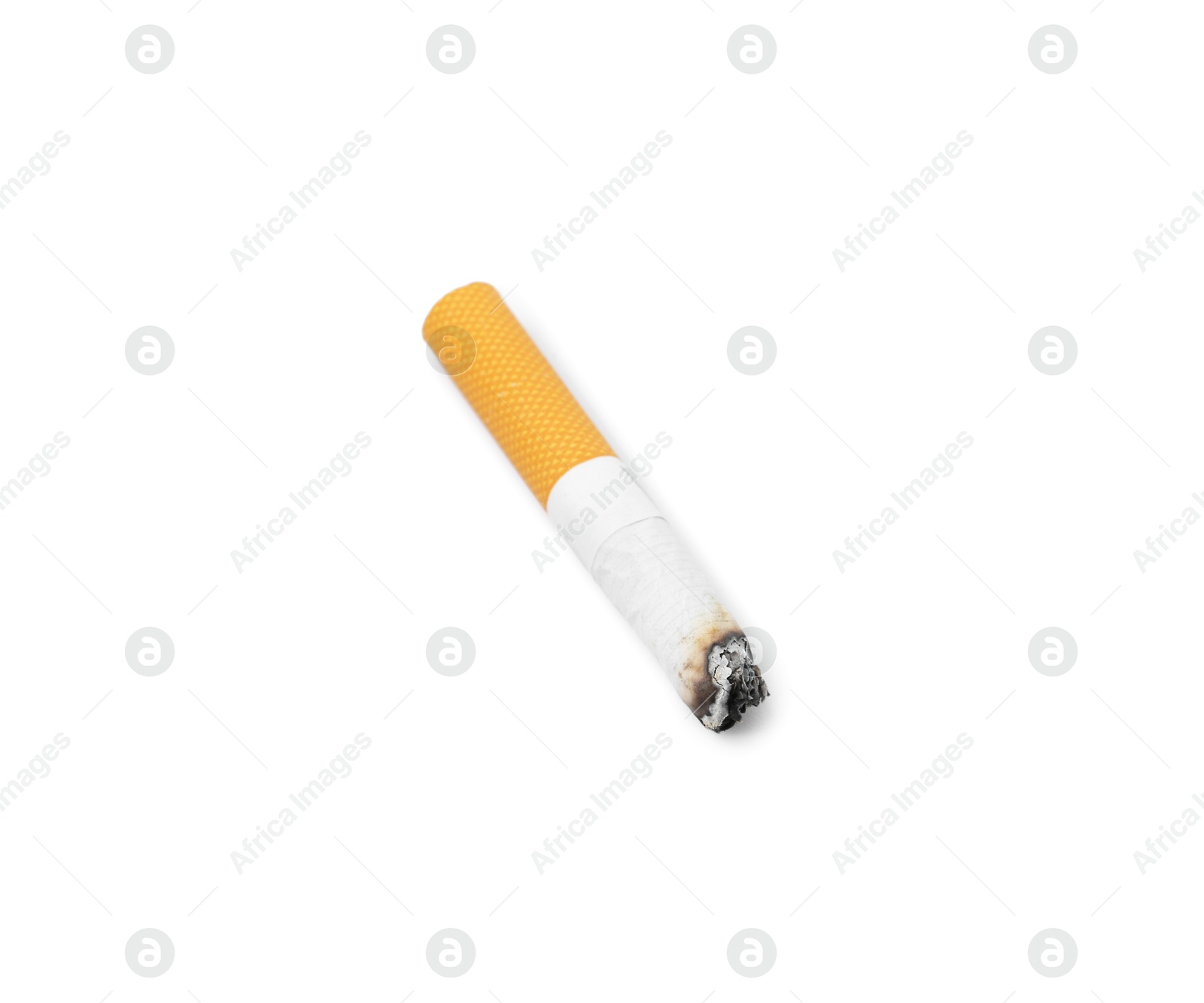 Photo of One cigarette butt isolated on white. Smoking habit