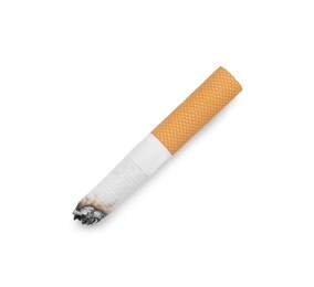 Photo of One cigarette butt isolated on white, top view. Smoking habit