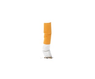 Photo of One cigarette butt isolated on white. Smoking habit