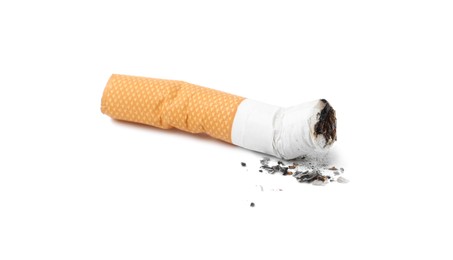 Photo of One cigarette butt isolated on white. Smoking habit