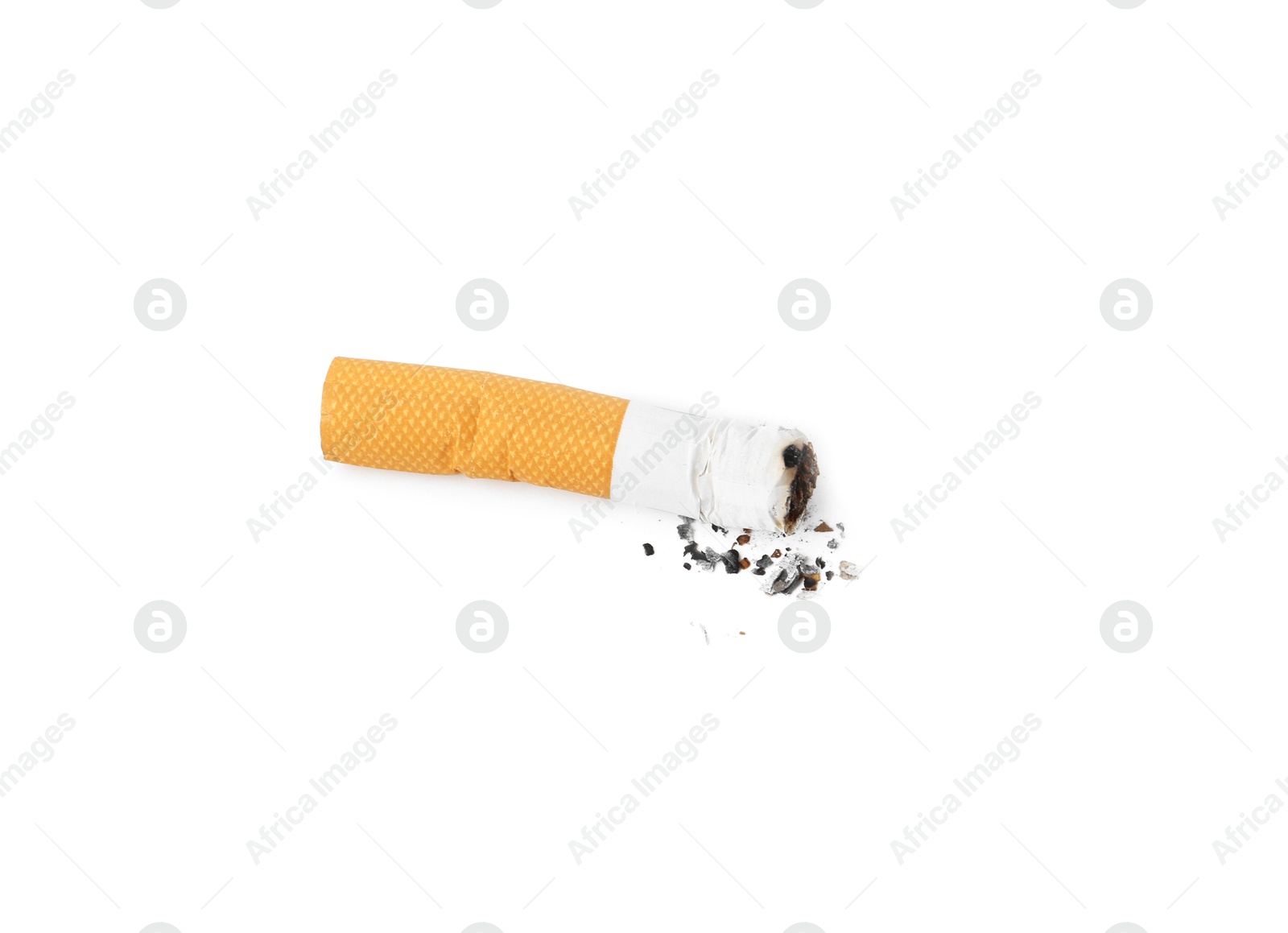 Photo of One cigarette butt isolated on white, top view. Smoking habit