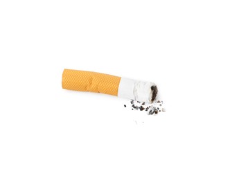 Photo of One cigarette butt isolated on white, top view. Smoking habit