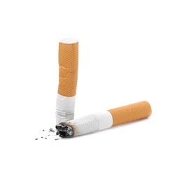 Photo of Two cigarette butts isolated on white. Smoking habit