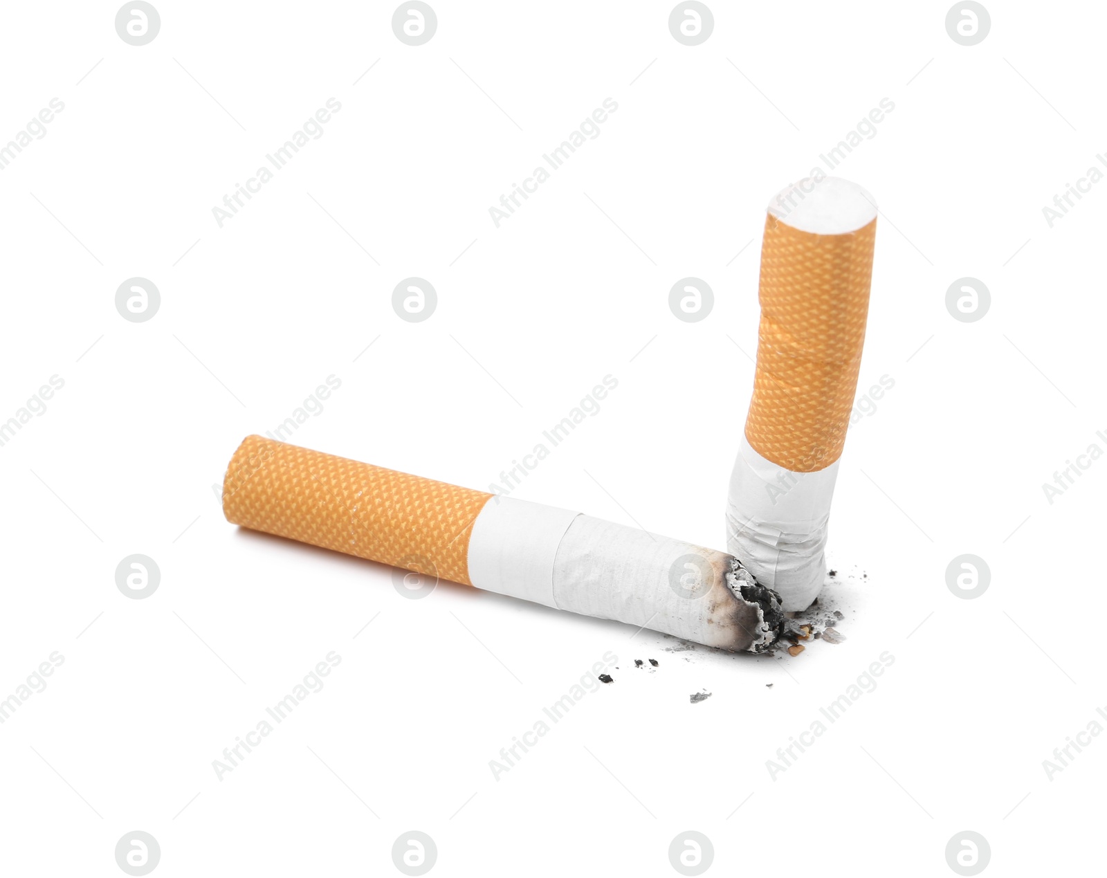 Photo of Two cigarette butts isolated on white. Smoking habit