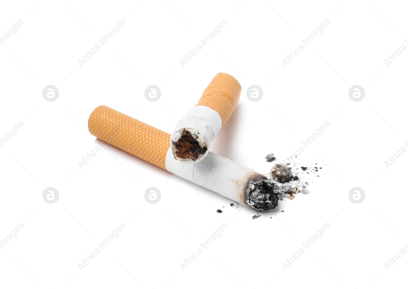 Photo of Two cigarette butts isolated on white. Smoking habit