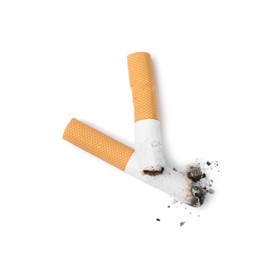 Photo of Two cigarette butts isolated on white, top view. Smoking habit