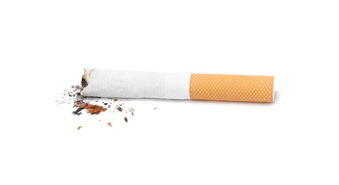 Photo of One cigarette butt isolated on white. Smoking habit