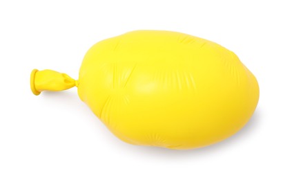 Photo of One yellow half deflated balloon isolated on white