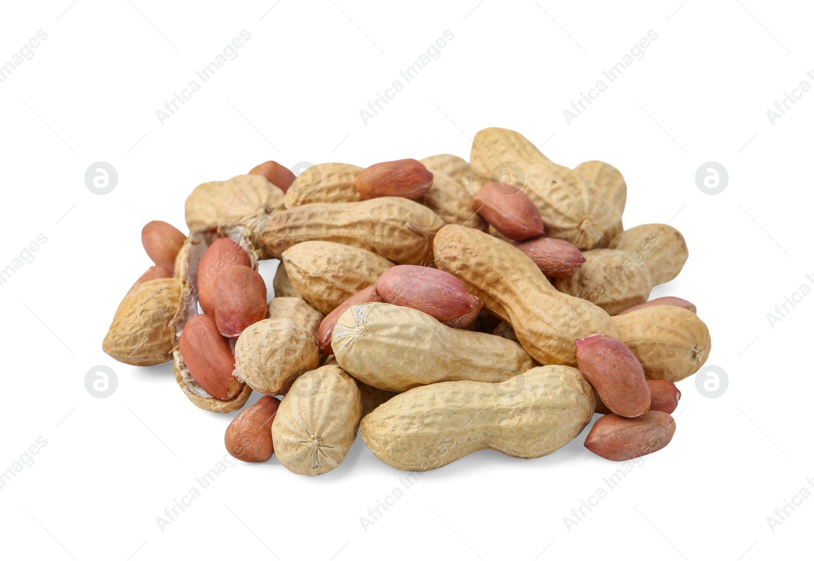 Pile of different peanuts isolated on white Photo of Pile of different peanuts isolated on white