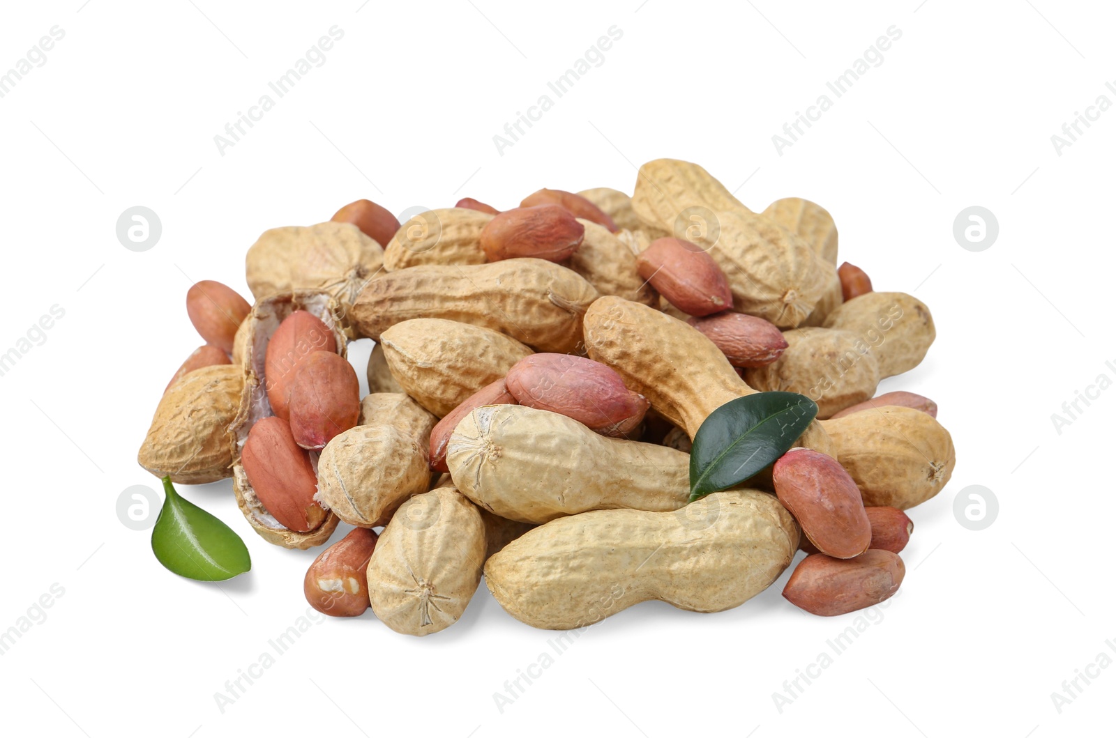Pile of different peanuts and green leaves isolated on white Photo of Pile of different peanuts and green leaves isolated on white