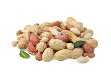 Photo of Pile of different peanuts and green leaves isolated on white
