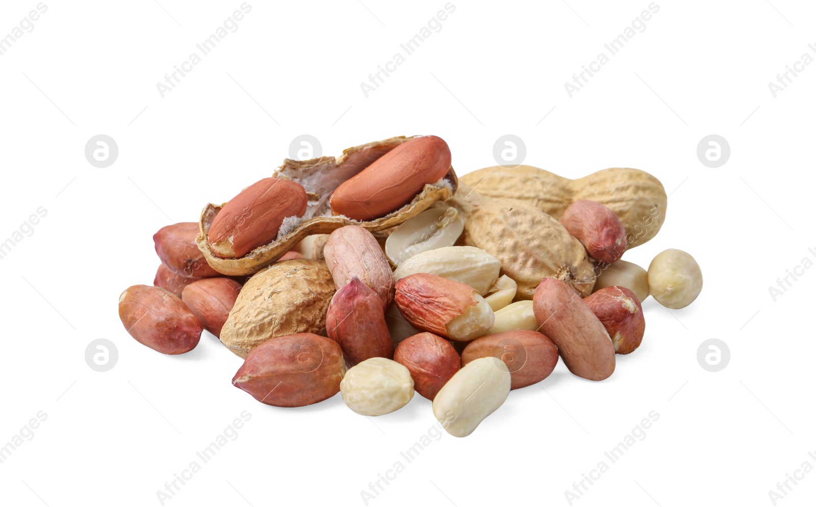 Pile of different peanuts isolated on white Photo of Pile of different peanuts isolated on white