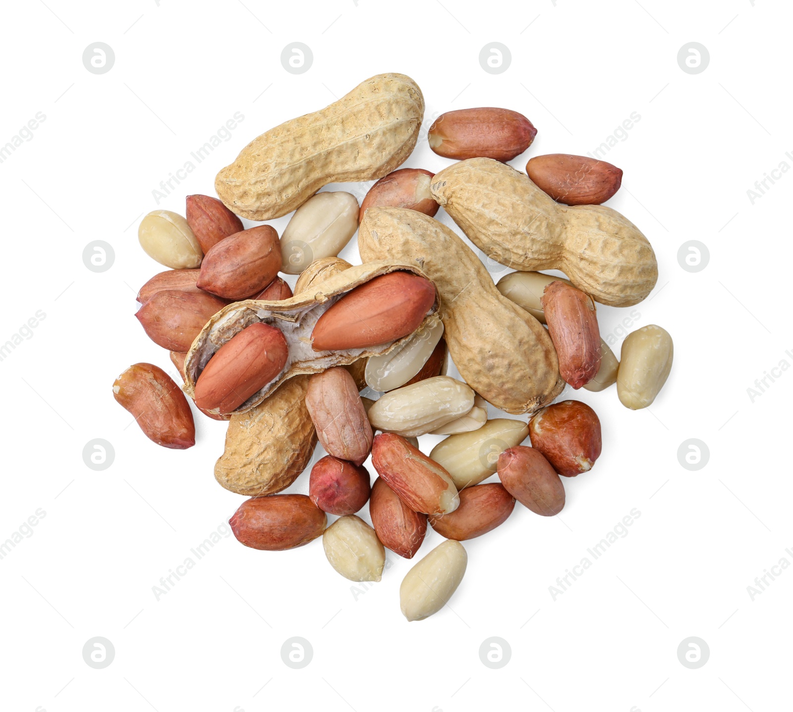 Pile of different peanuts isolated on white, top view Photo of Pile of different peanuts isolated on white, top view