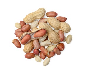 Photo of Pile of different peanuts isolated on white, top view