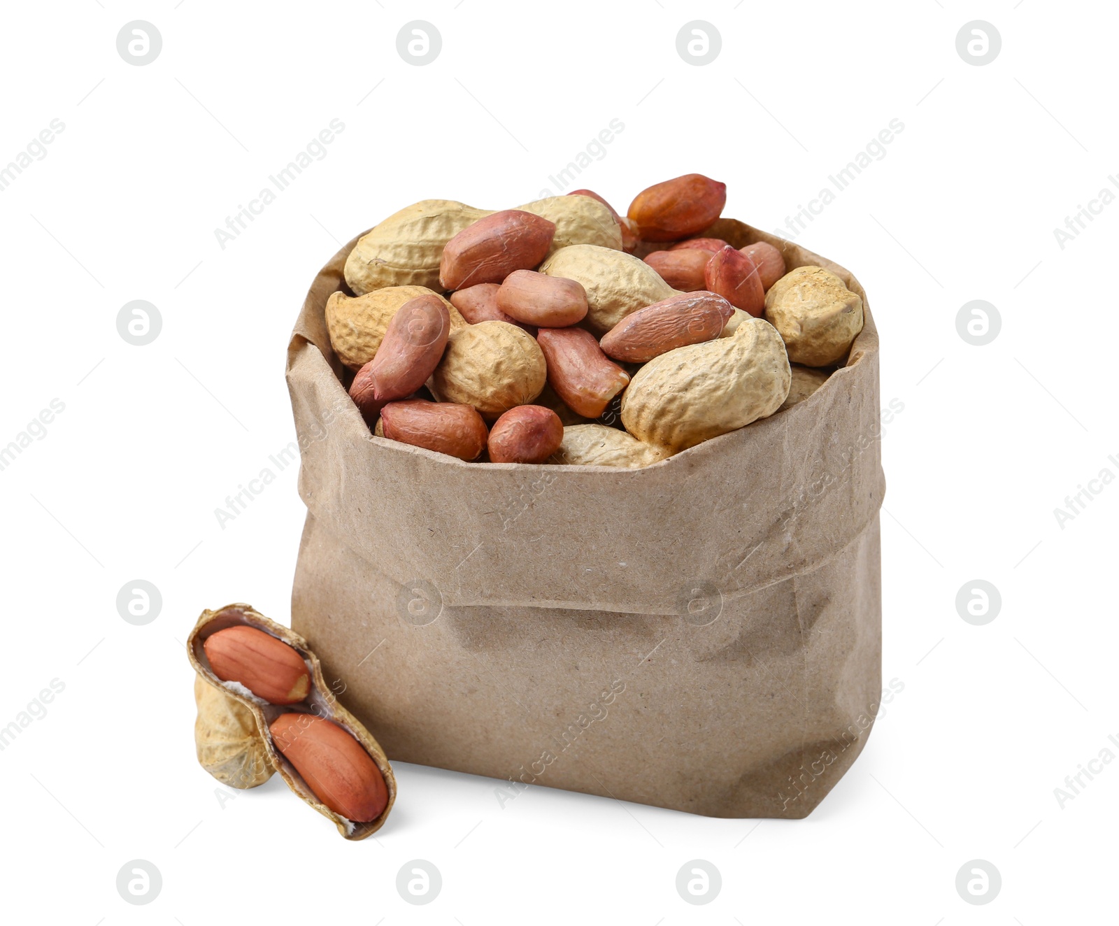 Fresh peanuts in paper bag isolated on white Photo of Fresh peanuts in paper bag isolated on white