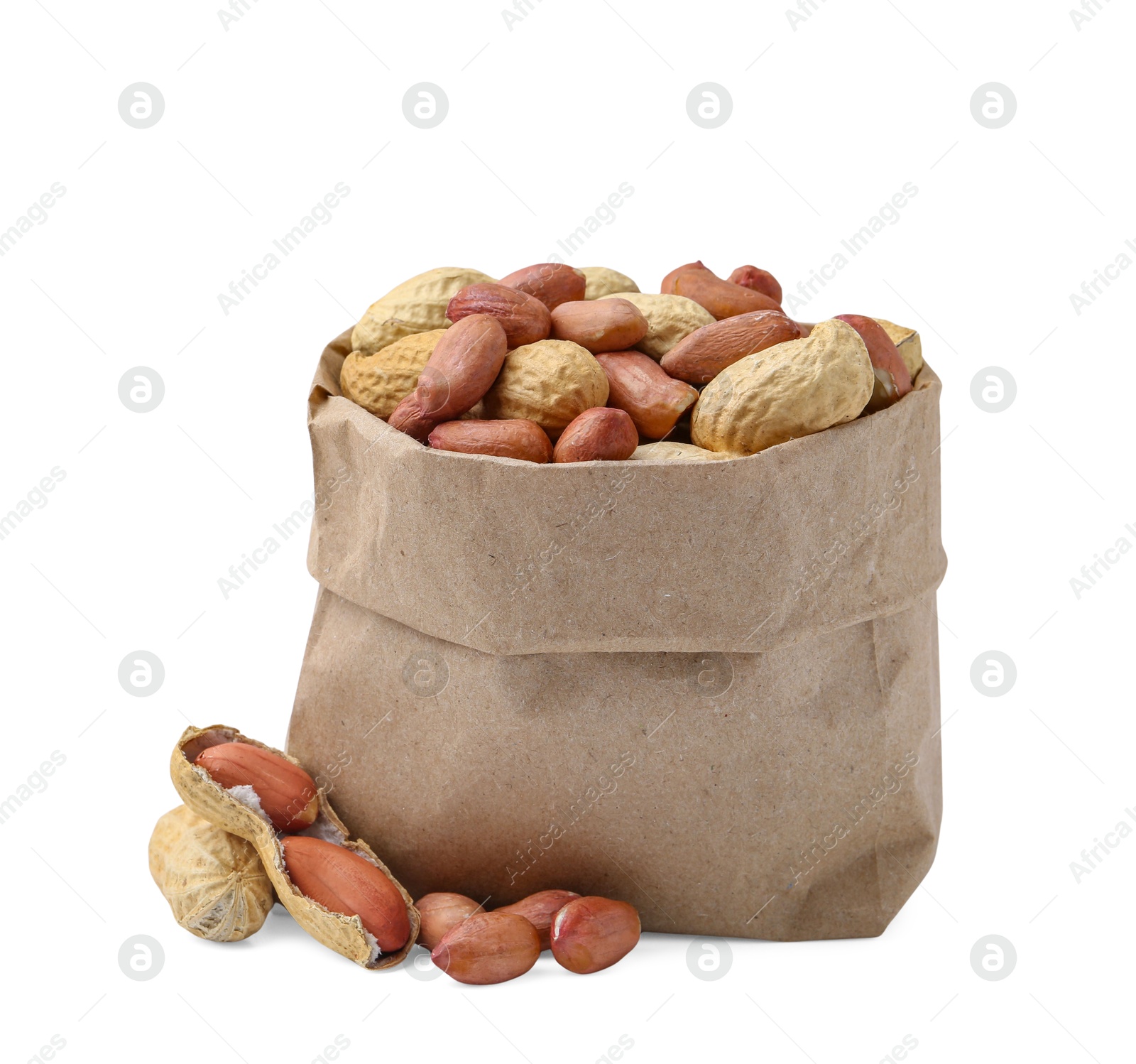 Fresh peanuts in paper bag isolated on white Photo of Fresh peanuts in paper bag isolated on white