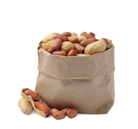 Photo of Fresh peanuts in paper bag isolated on white
