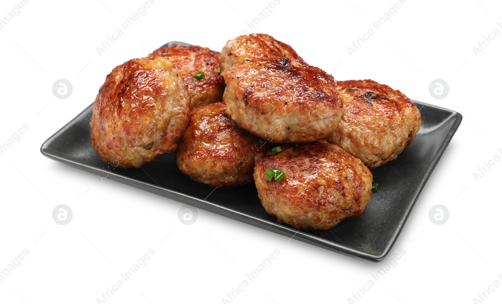 Photo of Delicious patties with green onions isolated on white