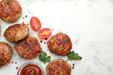 Photo of Delicious patties with sauce, cherry tomatoes, peppercorns and parsley on white marble table, flat lay. Space for text