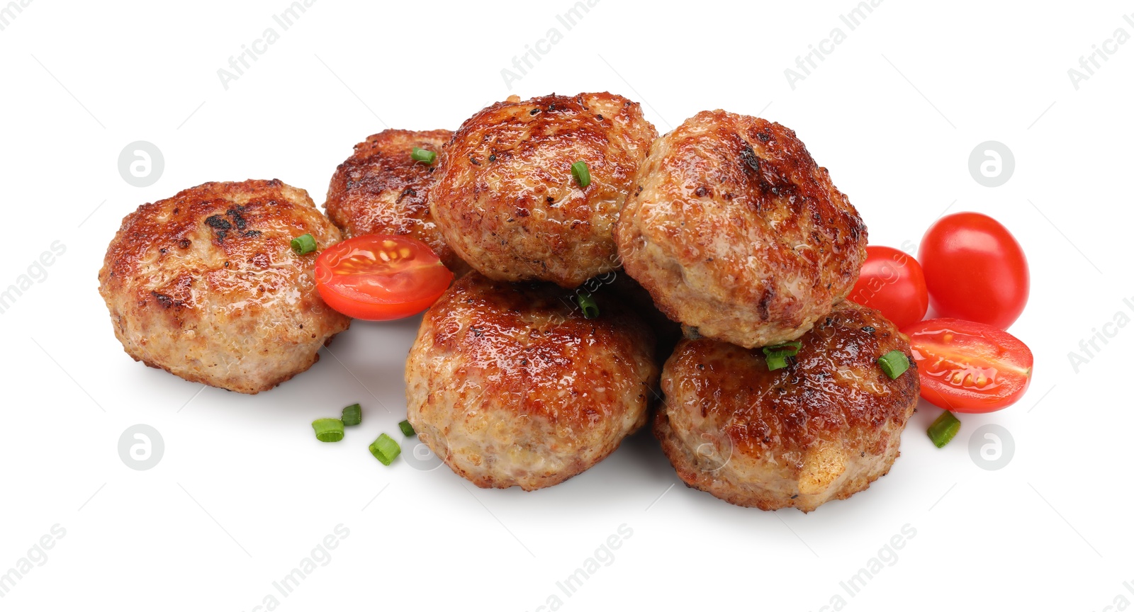 Photo of Delicious patties with cherry tomatoes and green onions isolated on white