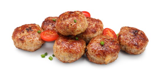 Photo of Delicious patties with cherry tomatoes and green onions isolated on white