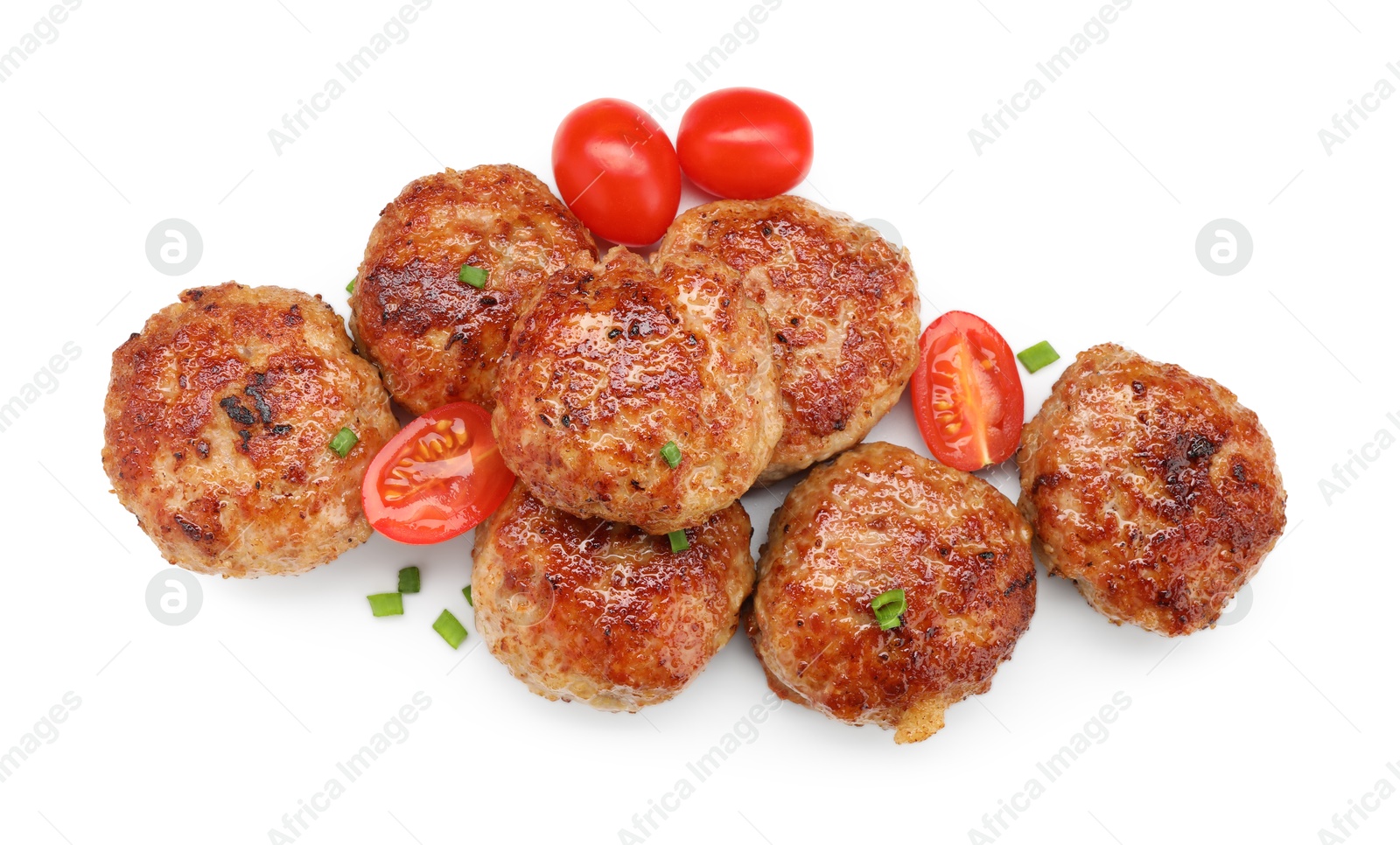 Photo of Delicious patties with cherry tomatoes and green onions isolated on white, top view