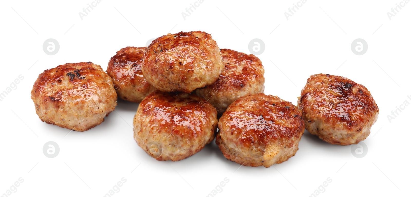 Photo of Many delicious roasted patties isolated on white