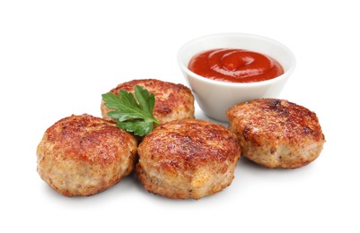 Photo of Delicious patties with sauce and parsley isolated on white