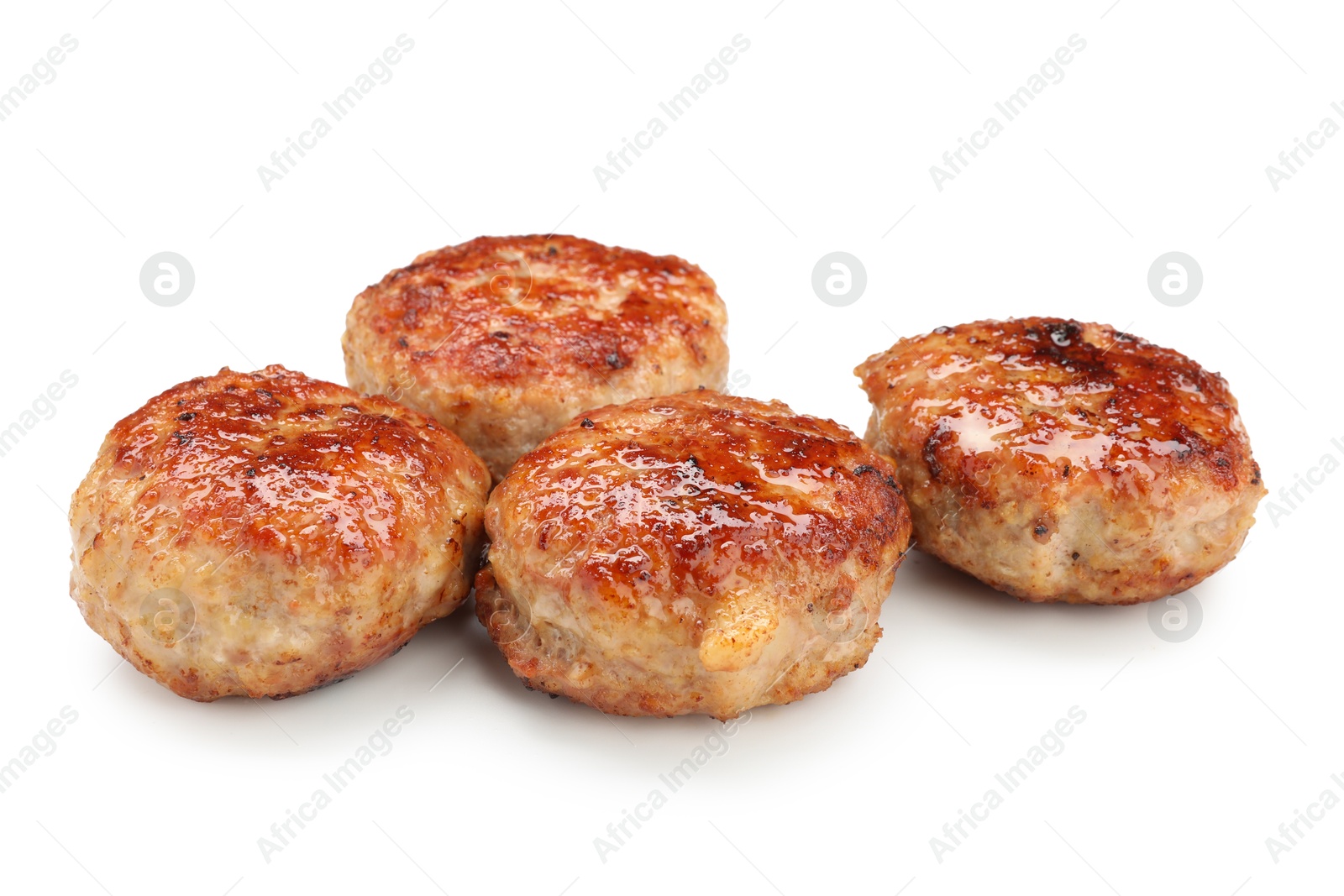 Photo of Many delicious roasted patties isolated on white