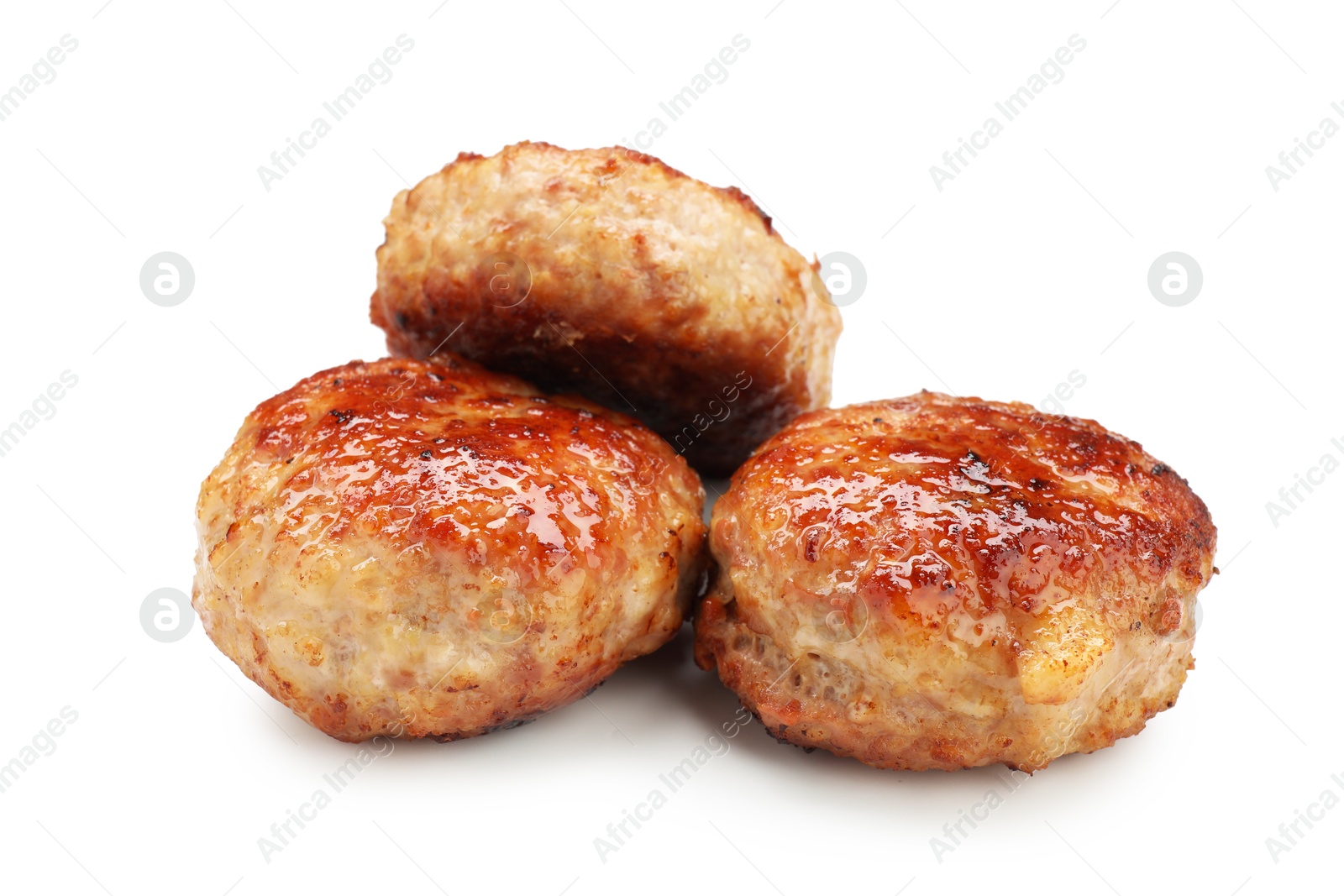 Photo of Three delicious roasted patties isolated on white