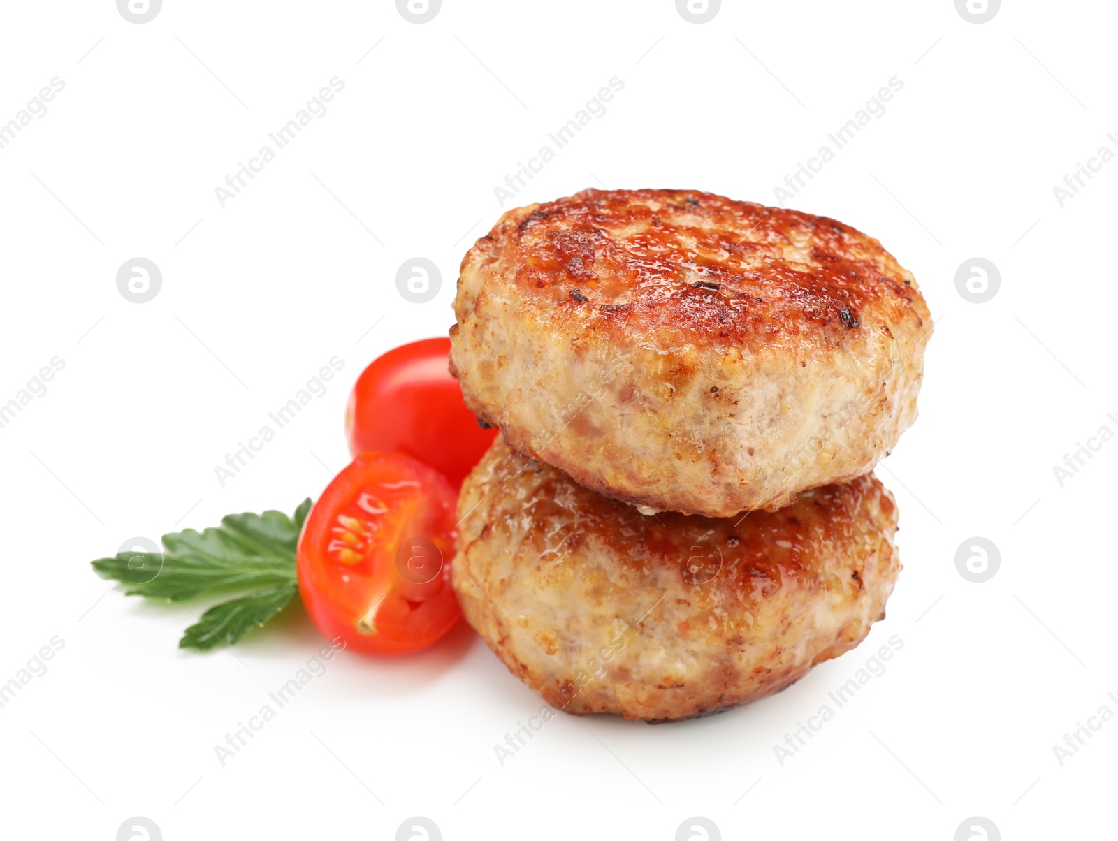 Photo of Delicious patties with cherry tomatoes and parsley isolated on white