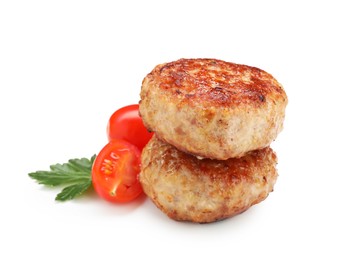 Photo of Delicious patties with cherry tomatoes and parsley isolated on white