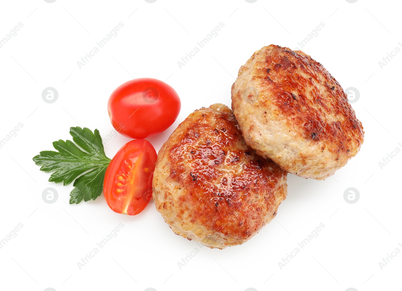 Photo of Delicious patties with cherry tomatoes and parsley isolated on white, top view