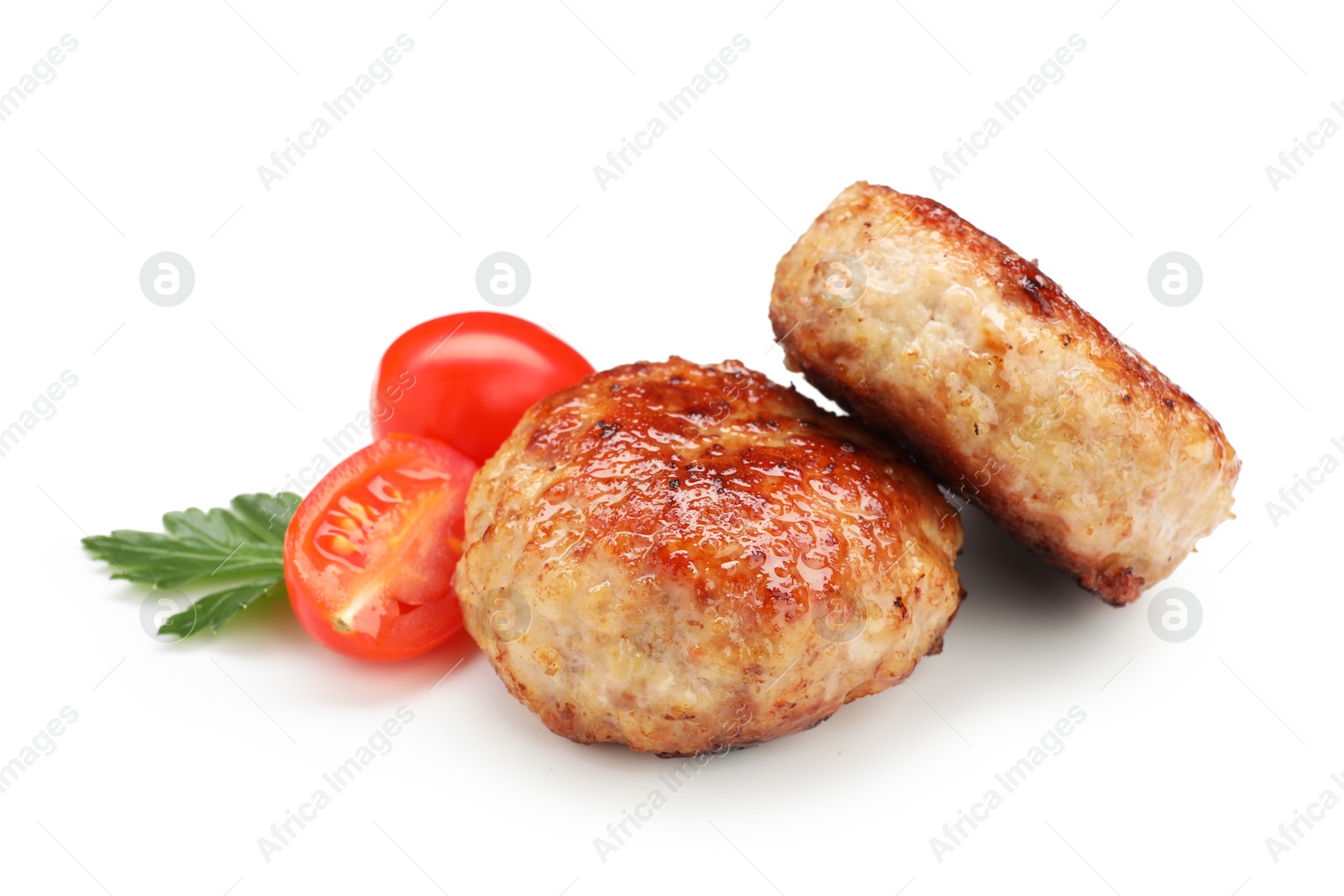 Photo of Delicious patties with cherry tomatoes and parsley isolated on white