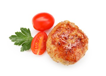 Photo of Delicious patty with cherry tomatoes and parsley isolated on white, top view