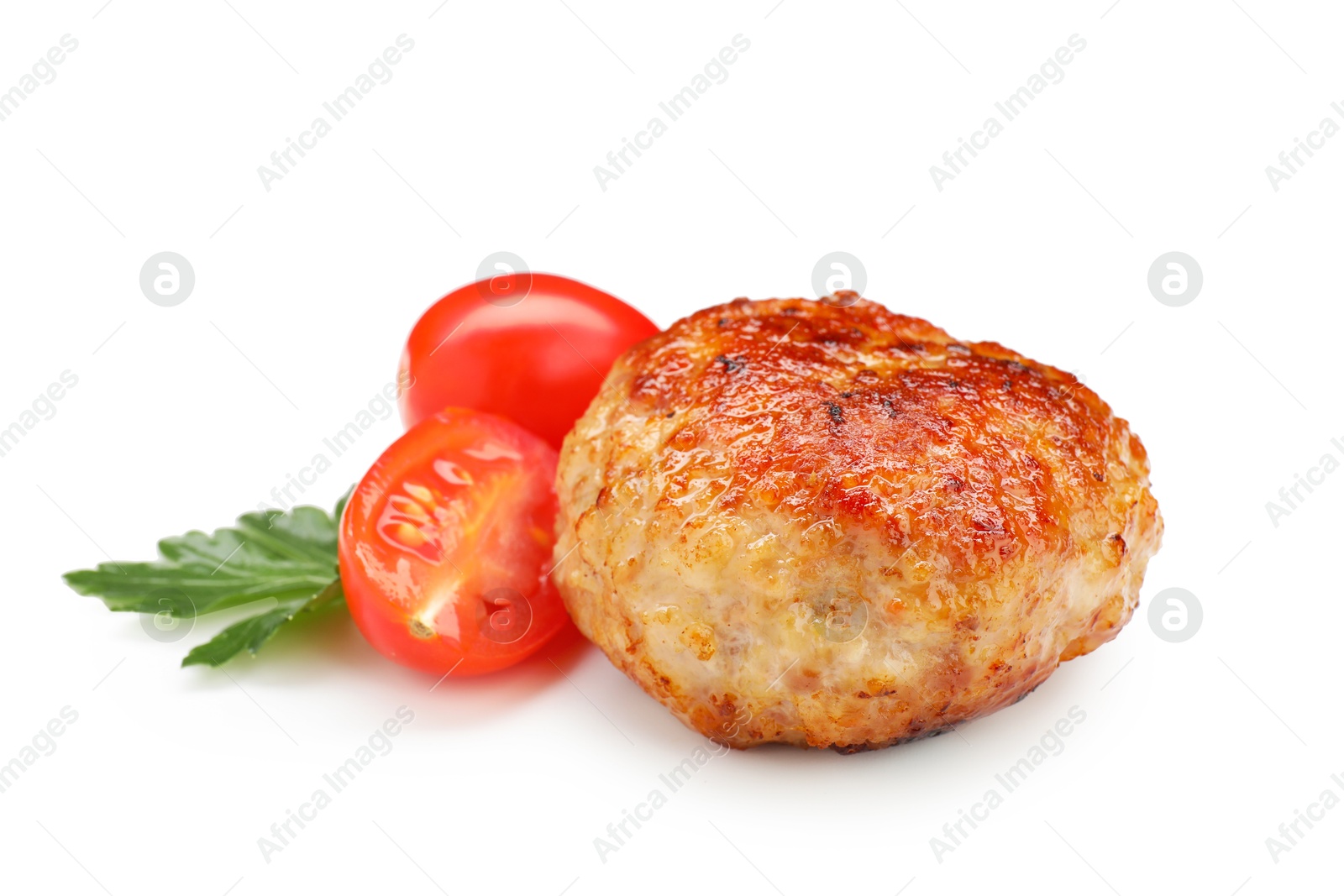 Photo of Delicious patty with cherry tomatoes and parsley isolated on white