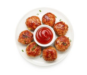 Photo of Delicious patties with sauce isolated on white, top view