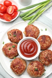 Photo of Delicious patties served on white table, flat lay