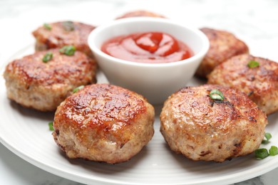 Photo of Delicious patties served on white table, closeup