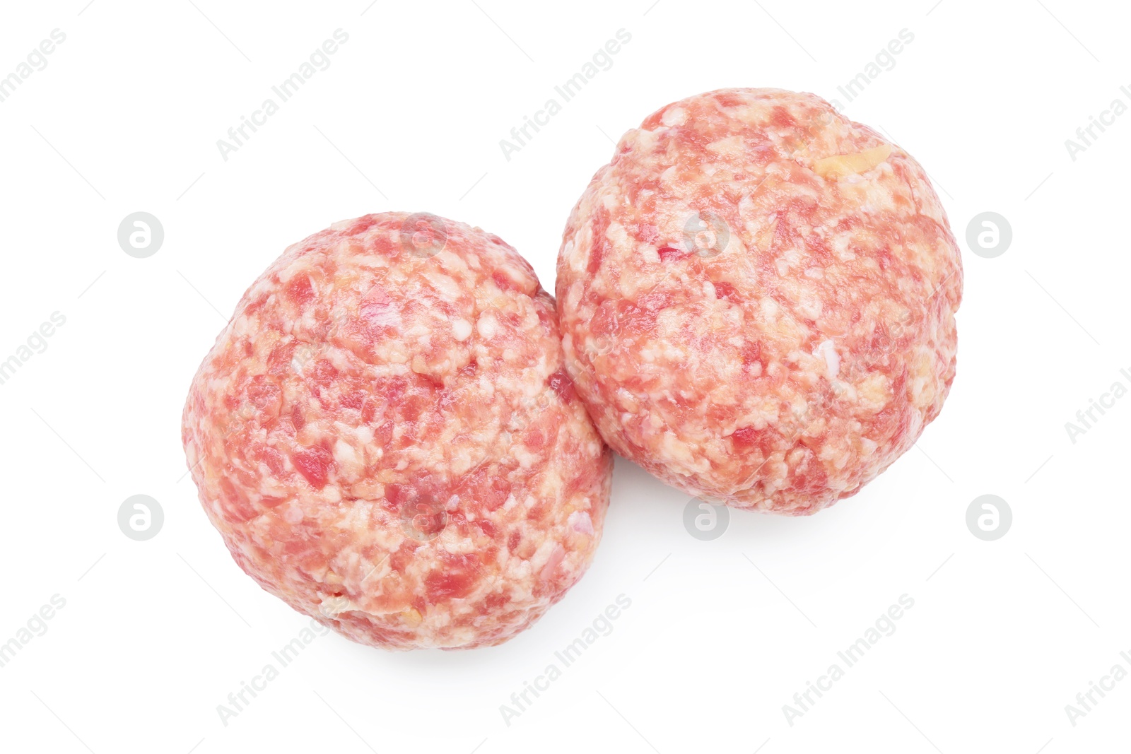 Photo of Two uncooked fresh patties isolated on white, top view