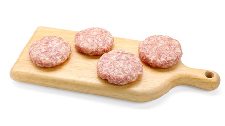 Photo of Many uncooked patties on wooden board against white background