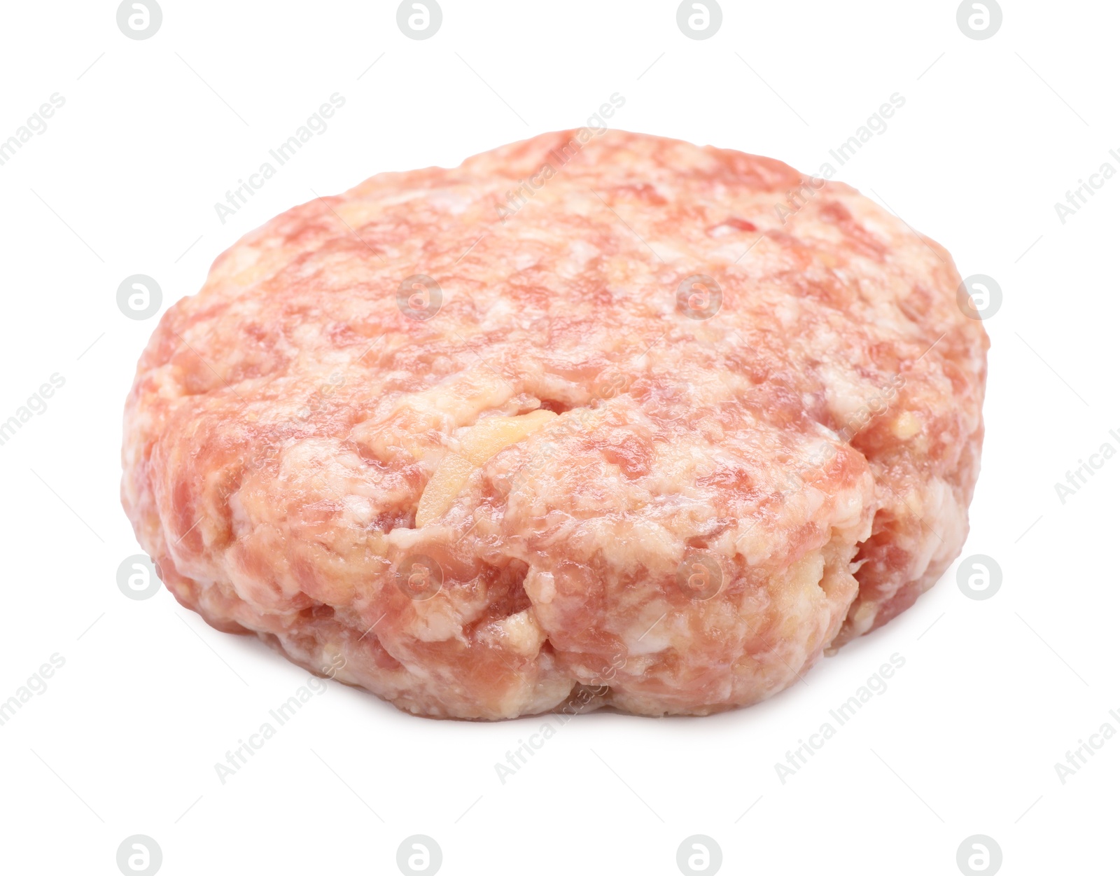 Photo of One uncooked fresh patty isolated on white