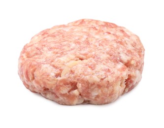 Photo of One uncooked fresh patty isolated on white