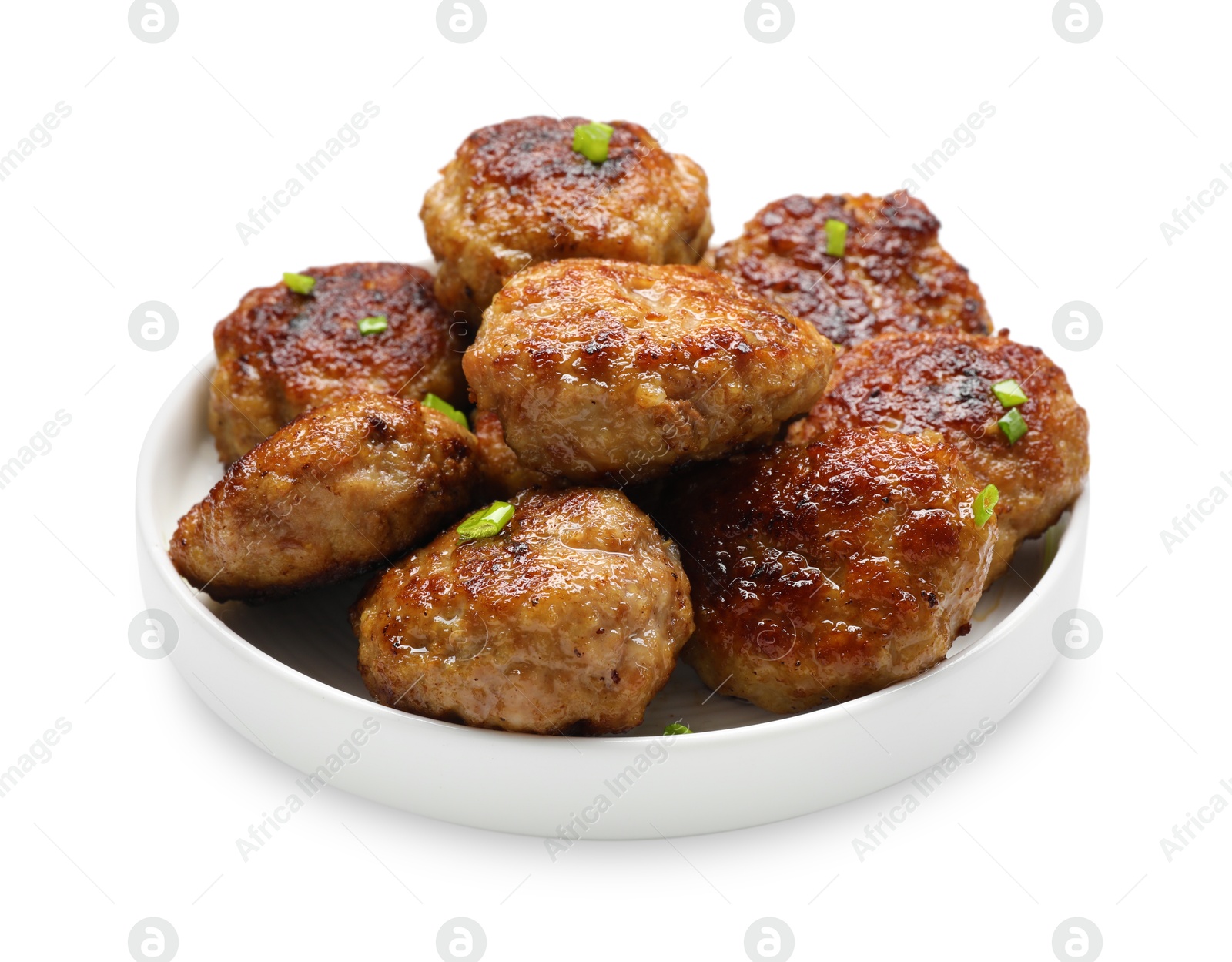 Photo of Delicious patties with green onions isolated on white