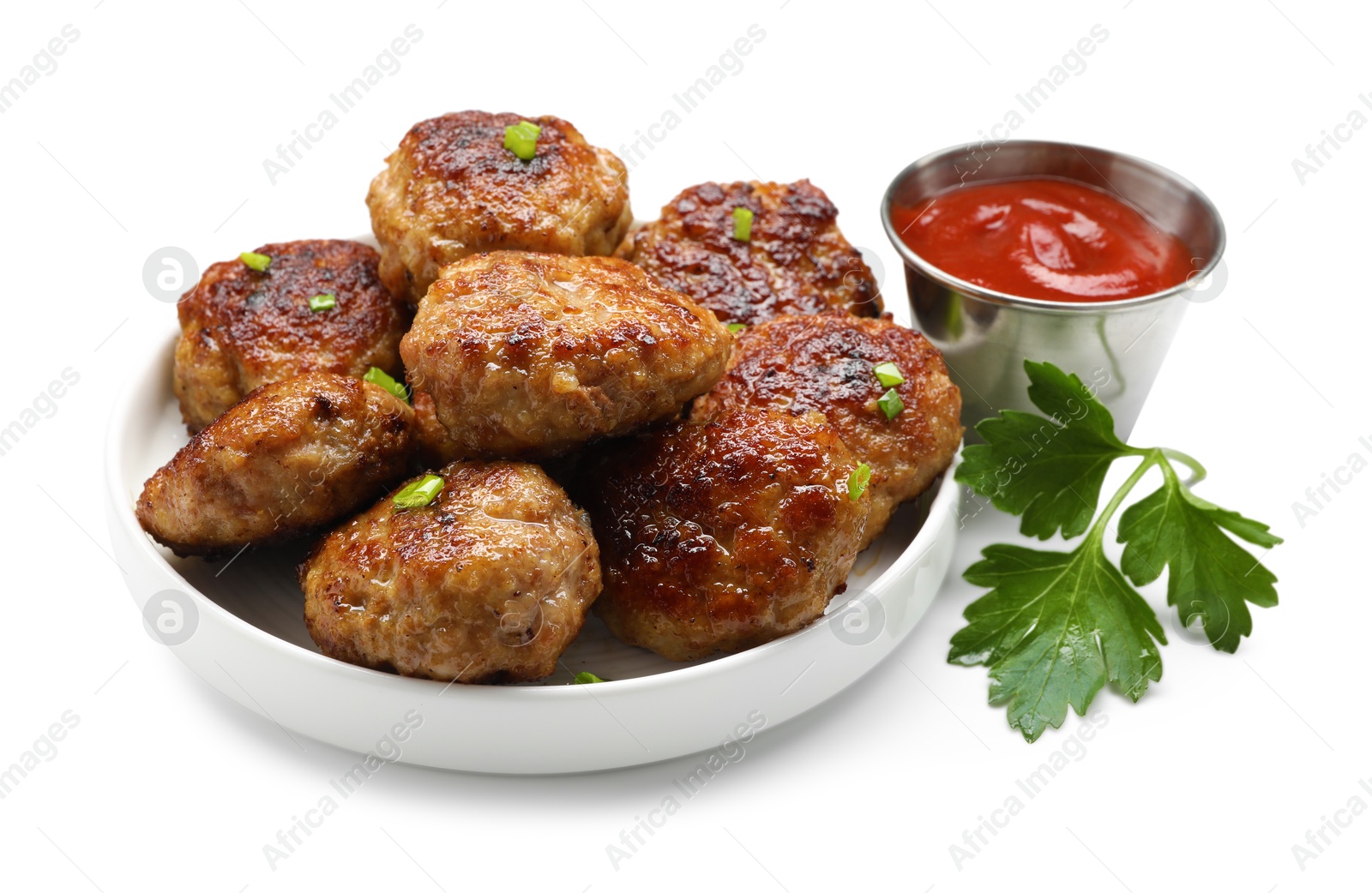 Photo of Delicious patties with green onions, parsley and ketchup isolated on white