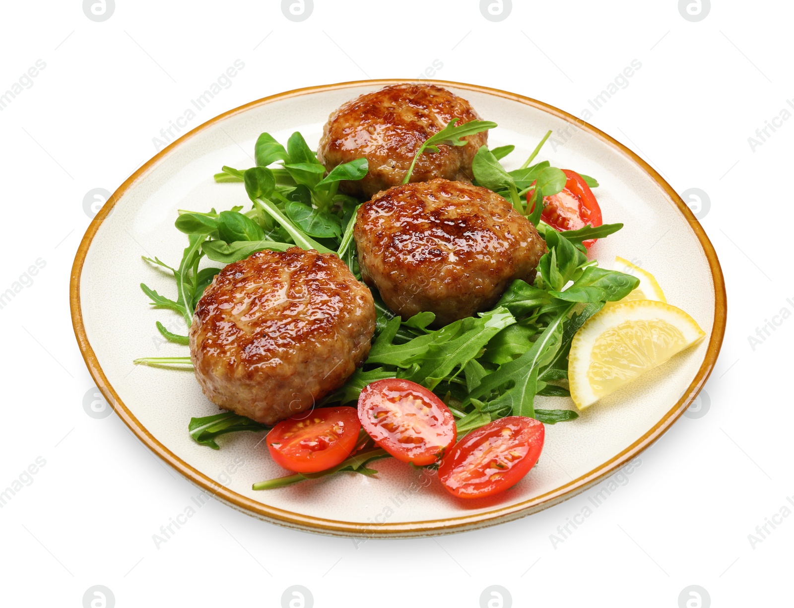 Photo of Delicious patties with greens, tomatoes and lemon isolated on white