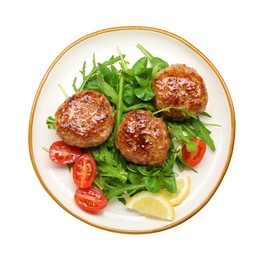 Photo of Delicious patties with greens, tomatoes and lemon isolated on white, top view